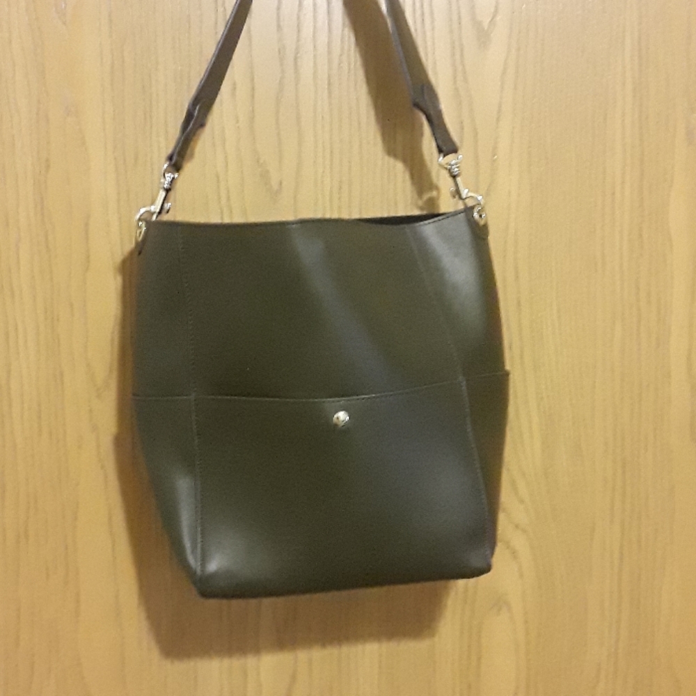 Olive green leather bucket bag